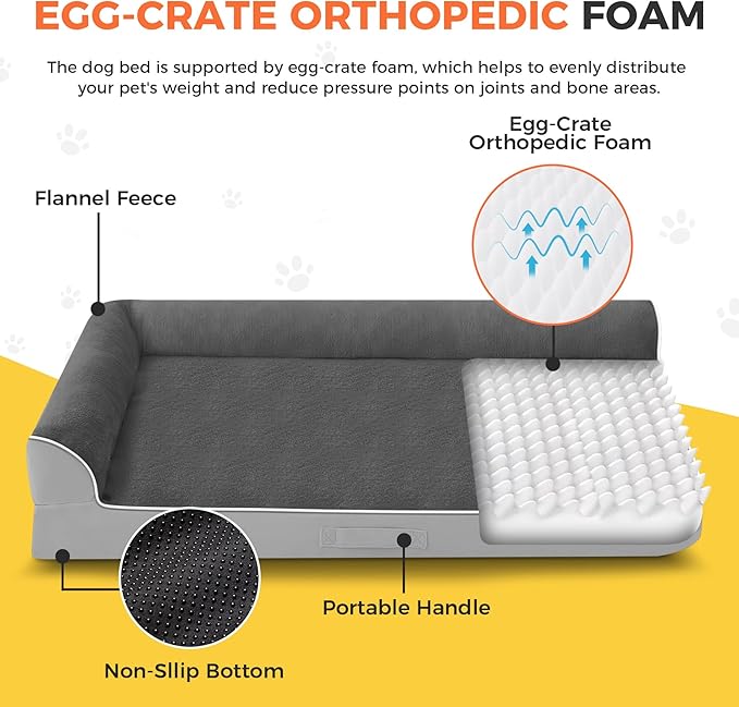 Dog Bed Large Sized Dogs, XL Orthopedic Dog Bed for Large Dogs 42"x30"x7.5", Waterproof Pet Bed with Washable Removable Cover, L-Shaped Pet Couch with Portable Handle, Grey Flannel