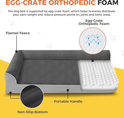 Dog Bed Large Sized Dogs, Orthopedic Dog Bed for Large Dogs, Waterproof Pet Bed with Washable Removable Cover, L-Shaped Pet Couch with Portable Handle 36"x27"x6.5", Grey Flannel