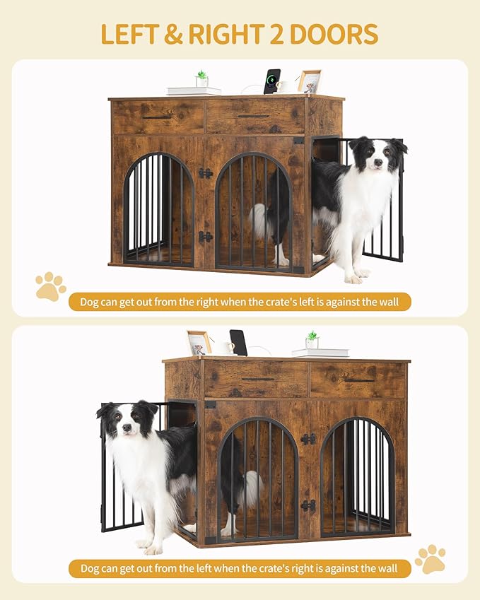 Hzuaneri 39.4'' Dog Crate Furniture with 2 Drawers, Indoor Dog Kennel with Charging Station, Wooden Dog Cage Side End Table Kennel for Medium/Large Dogs, Rustic Brown DFC84201B