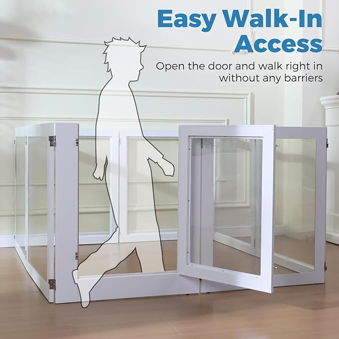 Heavy Duty Clear Acrylic Dog Playpen, 32" Height Transparent Pet Pen, Metal Frame Easy Assemble Kennel Enclosure, Ideal for Small to Medium Dogs, Cats, and Other Small Pets (White, 6 Panels with door)