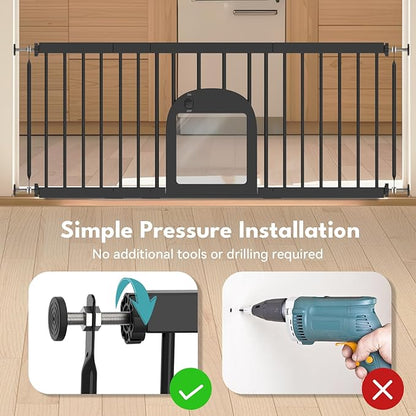 No Pawblems Dog Gate with Small Pet Door, 16"-42.7" Adjustable Metal Short Dog Gate to Step Over, 16.5" Tall, with 3 Extension Kits, Pressure Mounted, for Doorways & Stairs, Black