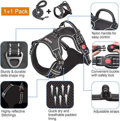 No Pull Dog Harness Adjustable Reflective Oxford Easy Control Medium Large Dog Harness with A Free Heavy Duty 5ft Dog Leash