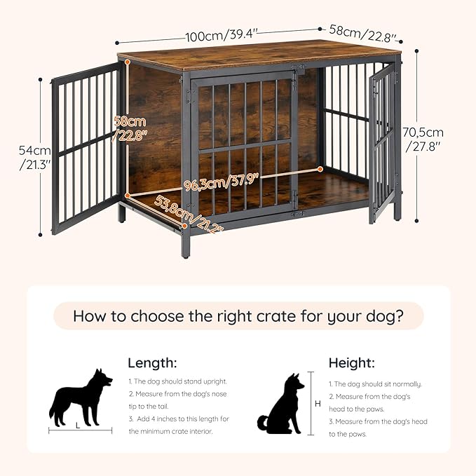 HOOBRO Heavy Duty Dog Crate Furniture, 39.4" Wooden Indoor Kennel with 3 Doors, Chew Resistant Metal Cage for Medium and Large Breeds, Dog Crate Side Table, Black and Rustic Brown BF101GW03