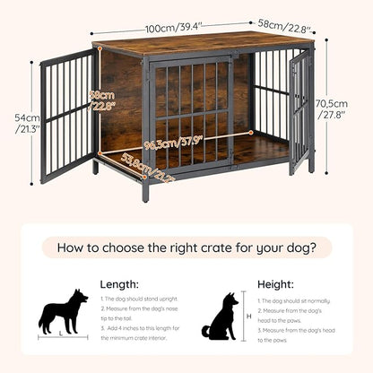 HOOBRO Heavy Duty Dog Crate Furniture, 39.4" Wooden Indoor Kennel with 3 Doors, Chew Resistant Metal Cage for Medium and Large Breeds, Dog Crate Side Table, Black and Rustic Brown BF101GW03