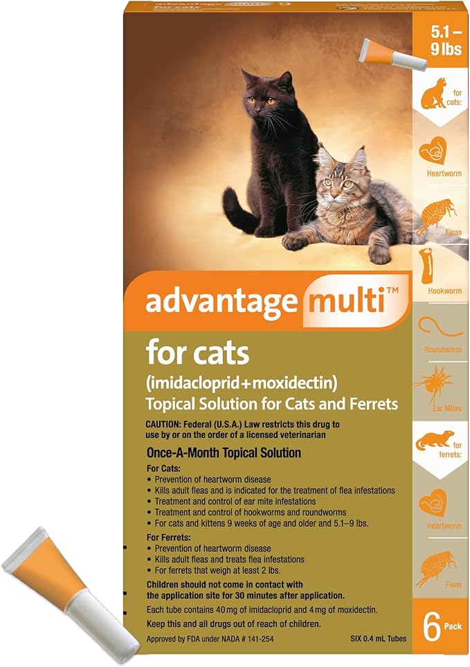 Advantage Multi for Cats 5-in-1 Heartworm Prevention | Kills Fleas & More | Cats 5.1-9 lbs. | 6-Month Supply
