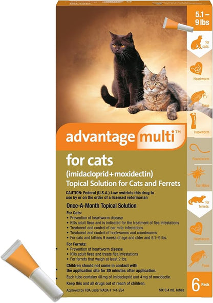 Advantage Multi for Cats 5-in-1 Heartworm Prevention | Kills Fleas & More | Cats 5.1-9 lbs. | 6-Month Supply