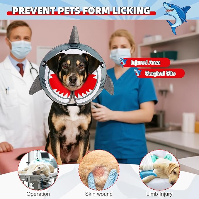KOOLTAIL Inflatable Dog Cone Collar, Soft Donut E Collar for Dogs After Surgery to Stop Licking Enhanced Alternative, Blow Up Pet Neck Pillow Recovery Adjustable Cone for Dog Cat, Upgrade Size,Shark M