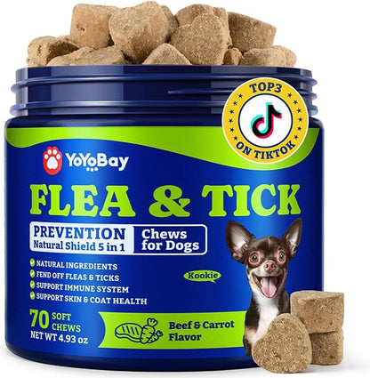 Flea & Tick Prevention for Dogs Chewables, Natural Dog Flea and Tick Control Treatment, Oral Flea Pills, Dogs Supplement, Natural Shield 5-in-1 Protection, Beef & Carrot Flavor, 70 Soft Chews
