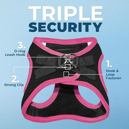 Best Pet Supplies - All Weather Mesh/Plush, Reflective, No Pull Harness for Small, Medium Dogs, Cats - Secure with Hook & Loop Fastener, Buckle, Double D-Rings - Black/Pink Trim, S