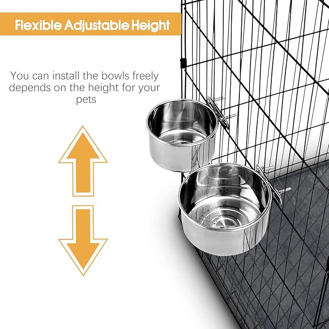 2 Pcs Medium Pet Dog Food Water Bowl for Cage Stainless Steel Non-Spill Kennel Hanging Cats Pets Bowls with Clamp Holder Crate Feeder Dish for Medium Dogs Pets (5.5x3.1'' & 6.3x2.6'')