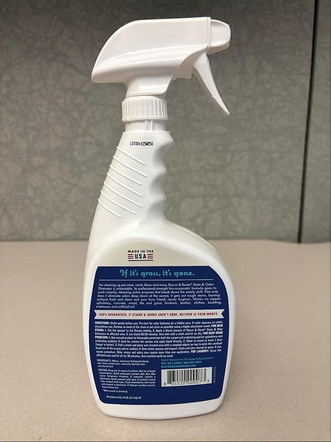 Rocco & Roxie Supply Co. Stain & Strong Odor Eliminator, Enzyme Cleaner, Pet Odor Eliminator for Home - Carpet Stain Remover for Cats & Dog Pee - Urine Destroyer - Carpet Cleaner Spray Clear, 32 Fl Oz