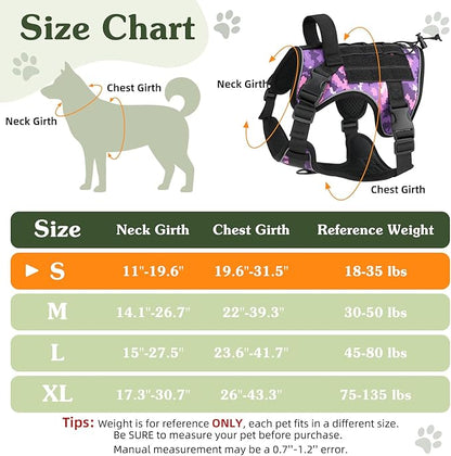 VavoPaw Heavy Duty Tactical Dog Harness for Large Dogs, No Pull Adjustable Pet Harness Reflective Service Training Easy Control Pet Vest Military K9 Working Dog Harnesses, Purple Camouflage, S