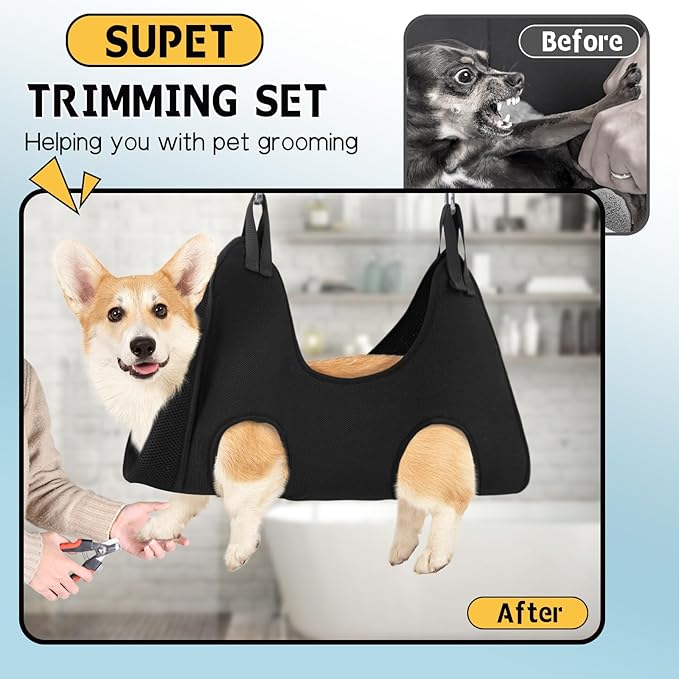 Supet Dog Grooming Hammock Harness for Dogs Cats, Relaxation Pet Nail Clipper Hammock, Restraint Dog & Medium Animal Leashes Sling for Groomingk for Nail Trimming (Black, M)