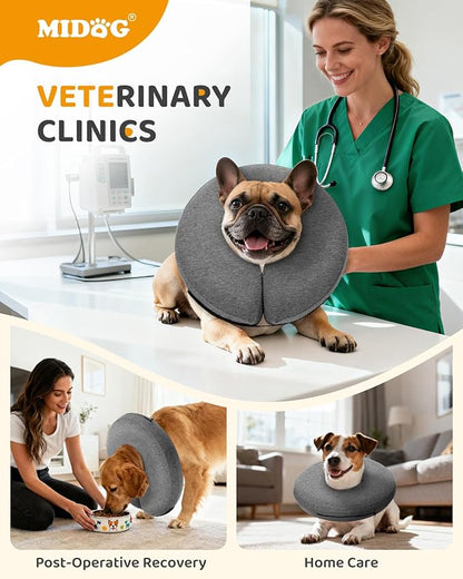 MIDOG Inflatable Dog Cone Collar – Soft Dog Cone Alternative After Surgery, Comfortable Recovery Neck Donut ECollar for Small Medium & Large Dogs and Cats to Stop Licking & Vision-Friendly (Grey,M+)