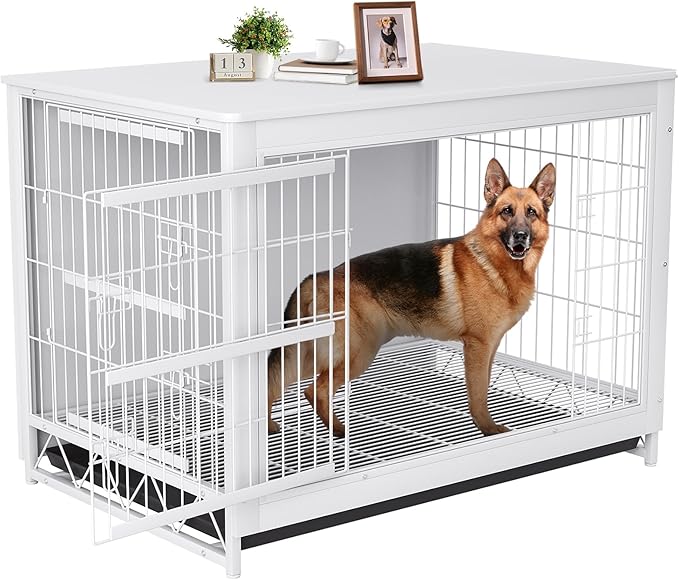 TLSUNNY Dog Crate Furniture, 44.1" Wooden Side End Table, Modern Dog Kennel with Double Doors, Heavy-Duty Dog Cage w/Pull-Out Removable Tray, Indoor Medium/Large/Small Pet House Furniture, White