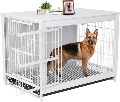 TLSUNNY Dog Crate Furniture, 44.1" Wooden Side End Table, Modern Dog Kennel with Double Doors, Heavy-Duty Dog Cage w/Pull-Out Removable Tray, Indoor Medium/Large/Small Pet House Furniture, White