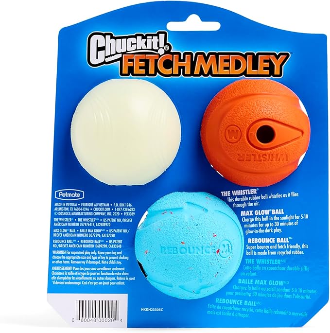 Chuckit Gen 1 Fetch Pack Dog Balls - Interactive Dog Toys, High-Bounce Fetch Ball, Floating Ultra and Rugged Balls, Durable - Size Medium, 2.5-inch Diameter, Set of 3