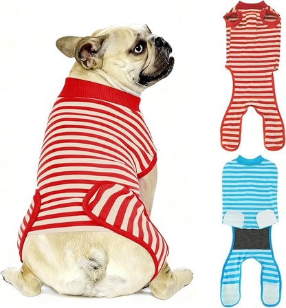 2 Packs Breathable Cotton Dog Recovery Suit for After Neuter Spay Abdominal Wounds Protector, Professional Anti-Licking Onesies for Male Female Pets Surgery Bandages, S Red & Blue Stripes