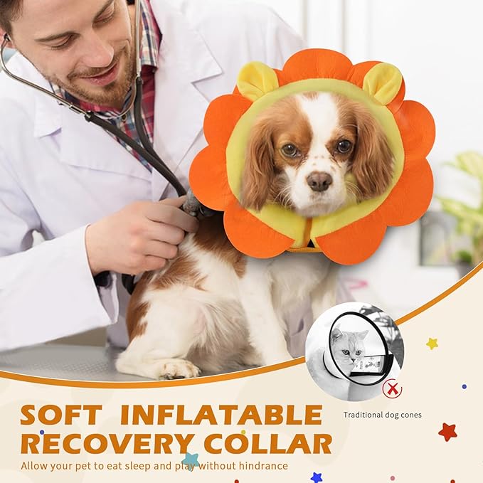 IEUUMLER Inflatable Recovery Dog Collar, Protective Donut Cone, Adjustable Soft Collar for Dog and Cat After Surgery Prevent from Biting & Scratching EU002 - Orange Lion L+