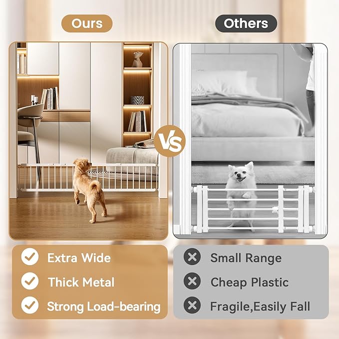 Fldofaves Dog Gate - 18"-45" Adjustable Extra Wide Metal Baby Gate to Step Over, 10" Tall Small Pet Gate with 3 Extension Kits, Pressure Mounted for Doorways & Stairs