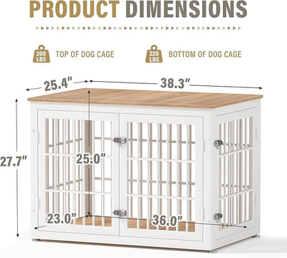 rehomerance 38 Inch Heavy Duty Dog Crate Furniture for Large and Medium Dogs, Decorative Pet House End Table, Wooden Cage Kennel Furniture Indoor, Natural and White