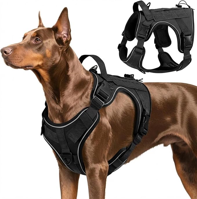 VavoPaw Heavy Duty Tactical Dog Harness for Large Dogs, No Pull Adjustable Pet Harness Reflective Service Training Easy Control Pet Vest Military K9 Working Dog Harnesses, Black, L
