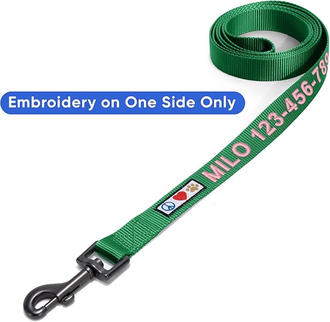 Pawtitas Personalized 6 ft Lush Green Dog Leash M/L Custom Name and Phone Embroidery Strong Nylon Leash for Medium and Large Breeds