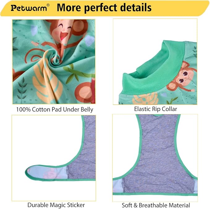 PetWarm Dog Surgical Recovery Suit Male, Recovery Suit for Dogs After Surgery, Collars and Cones Alternative Dog Abdominal Wounds Bandages, Onesies for Dogs, Monkey Pattern, Green, XS