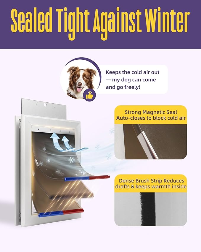 Large Aluminum Dog Door for Exterior Doors, Insulated Weatherproof Pet Door with Magnetic Auto Close, Blocks Cold & Hot Air, Metal Frame Doggie Door for Dogs, Up to 110 lbs