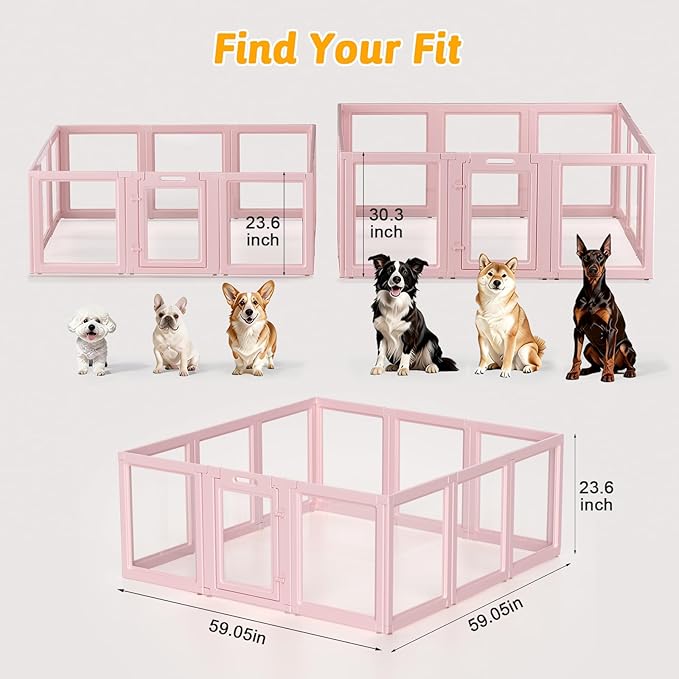 DIY Clear Acrylic Dog Playpen House,Quick Easy Assembly and Disassembly,Strong Floor Suction,Indoor and Outdoor Use,Easy Cleansing Puppy Fence (Skin Pink, 23.6" H, 12PCS)