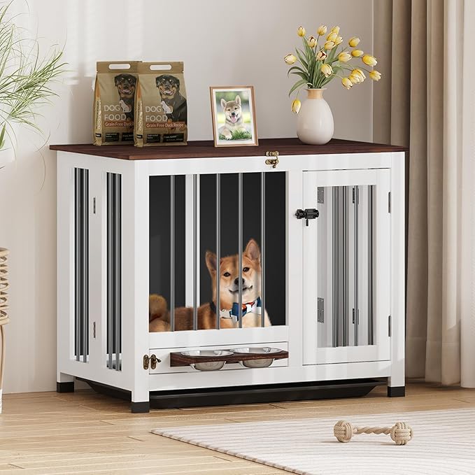 Dog Crate - 31.5" Wooden Dog Kennel Furniture with 360° Rotating Feeder & Removable Tray | Indoor Multi-Functional End Table for Medium & Small Dogs, White Dog Cage, Portable Pet Furniture