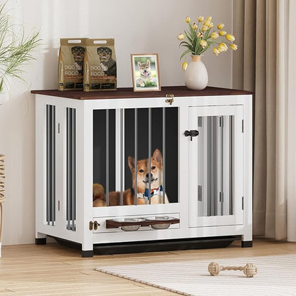 31.5" Dog Crate Furniture - Wooden Dog Kennel with 360° Rotating Feeder & Removable Tray | Indoor Multi-Functional End Table for Medium & Small Dogs, White Dog Cage, Portable Pet Furniture