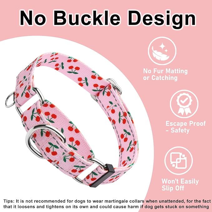 Reflective Martingale Collar for Dogs Nylon Training Collar with No Buckle No Pull Cute Dog Collar for Medium Dogs（Pink Cherry，M）