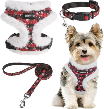 SCENEREAL Dog Christmas Harness Collar and Leash Set, Warm Fleece No Pull Puppy Vest Harnesses No Chock Adjustable Small Pet Halter for Outdoor Walking Training, Black Red Plaid S