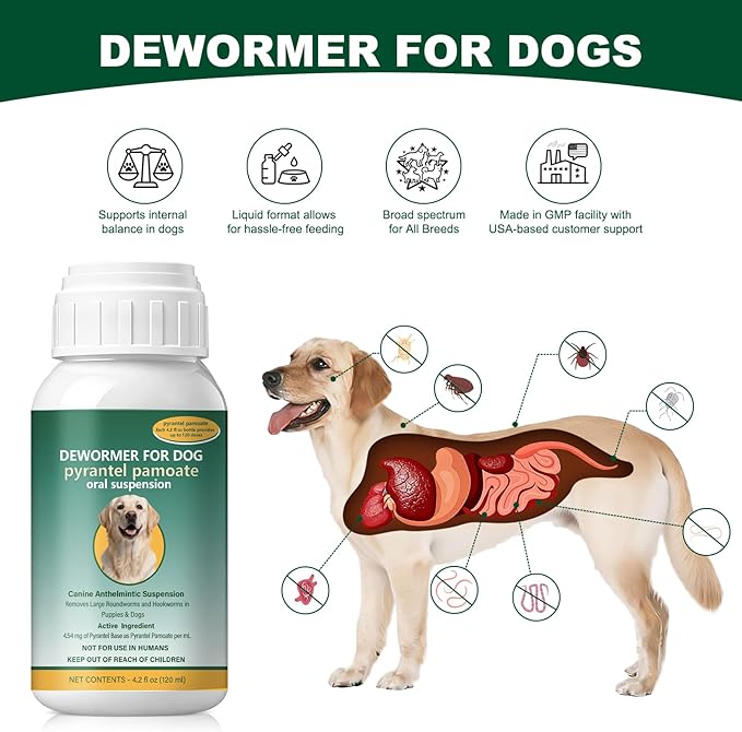 Dog Dewormer Liquid for Dogs for All wormers – Pyrantel Pamoate Dewormer for Roundworms & Hookworms, 120 mL (4.2 fl oz)