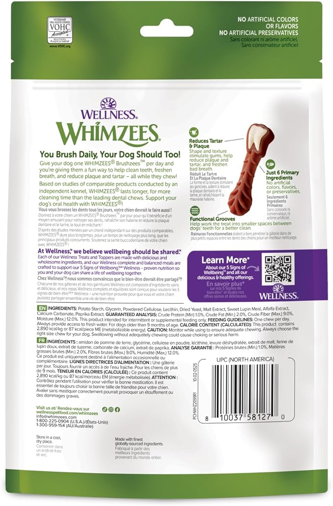 Whimzees Wellness Brushzees Dog Dental Treat, VOHC Accepted Chews, Freshens Breath, Medium Size, 4.2 oz Bag, 4 Count