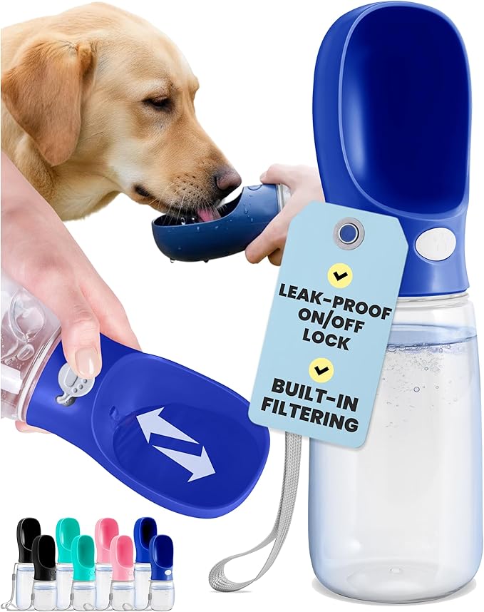 MalsiPree Dog Water Bottle - 19 oz, Navy Blue - One-Hand Leak-Proof Hydration & Pet Water Dispenser - Built-in Travel Bowl & Travel Pet Bowl - BPA-Free for Dog Camping