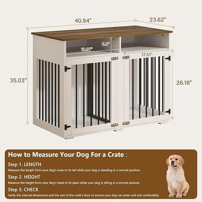 REVOMINCA 41" Dog Crate Furniture with Removable Divider, Decorative Dog Kennel with Storage Compartment, Heavy-Duty Indoor Dog Cage for 2 Small Dogs or 1 Medium, White