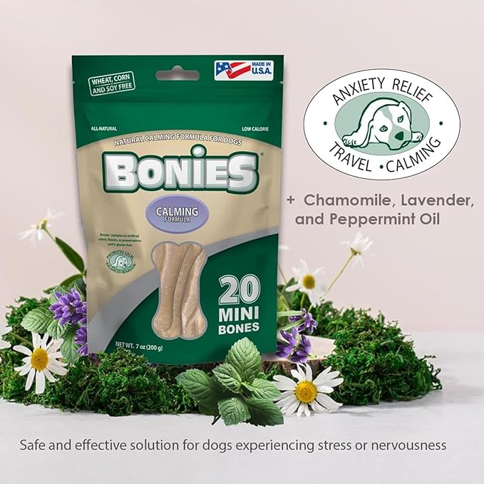 Bonies Natural Calming Formula Dog Treats - Contains Chamomile & Lavender, Help Anxiety, Excessive Barking & Trembling, Chicken Flavor, Mini, 20 Bones