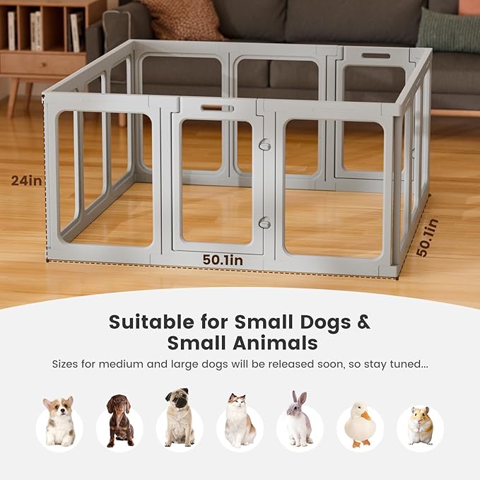 Clear Acrylic Dog Playpen - 50 x 50 Inch, 24" H 12 Planes Transparent Dog Fence Indoor, Sturdy Pet Pen for Puppy/Small Dog/Rabbit/Pig, Easy Assemble & Cleaning Plastic Whelping Box Enclosure, Grey