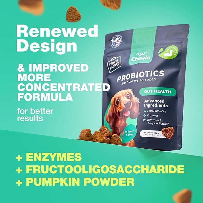 Probiotics for Dogs Gut Health, Digestion, Immunity, Yeast Balance, Itchy Skin, Allergies Support - Dog Probiotic Chews (Travel Pack) with Digestive Enzymes for Gut Flora - Pumpkin and Yeast Powder