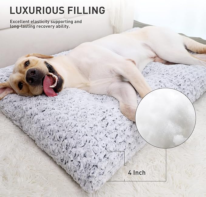 KSIIA Washable Dog Bed Deluxe Plush Dog Crate Pad Comfy Pet Bed Non-Slip Kennel Pad for Extra Large Dogs, 44" x 32", Grey
