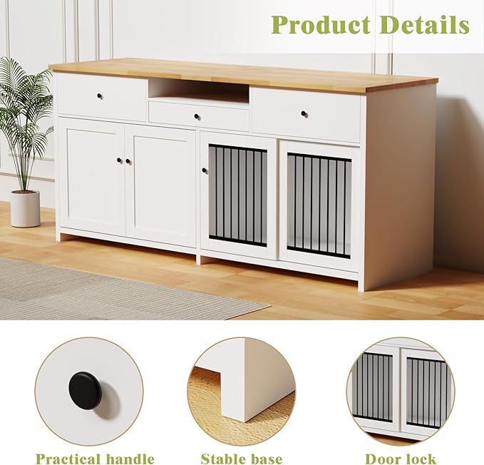 78" Double Door Dog Crate Furniture TV Stand, Heavy Duty Wooden Dog Kennel with 3 Drawers & 2 Cabinets, Extra Large Indoor Dog Cage for Medium/Large Dogs, White