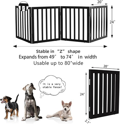 ZJSF Freestanding Indoor Dog Gate for House Foldable Wood Black Puppy Gate for Doorways Pet Gate for Stairs Extra Wide Pet Fence 24" Height 4 Panels