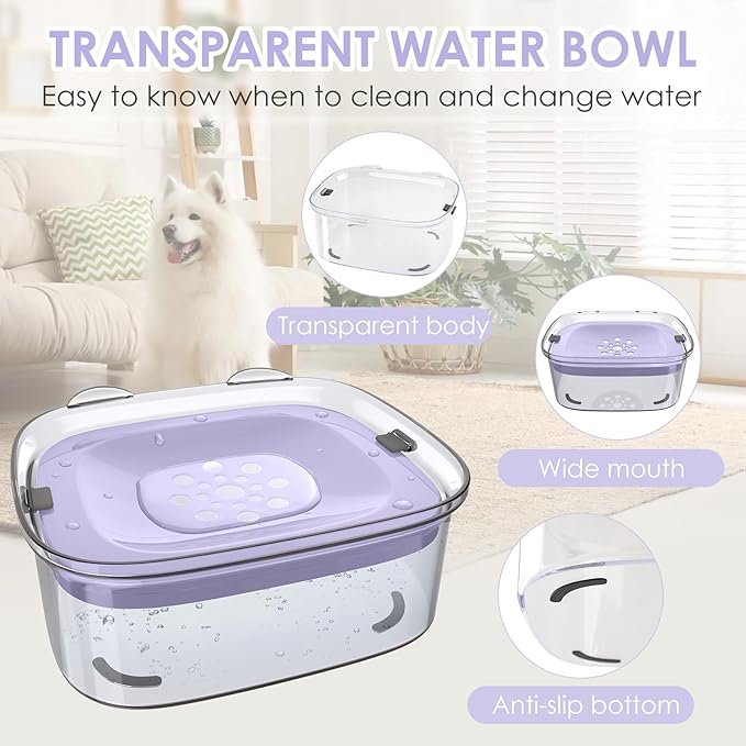 AONKEY 3L Dog Water Bowl No Spill, 101oz Large Spill Proof Dog Bowl Reduce Refill, Anti Splash No Mess Dispenser Dripless Slow Drinking Water Bowl for Sloppy Messy Drinkers (Violet)