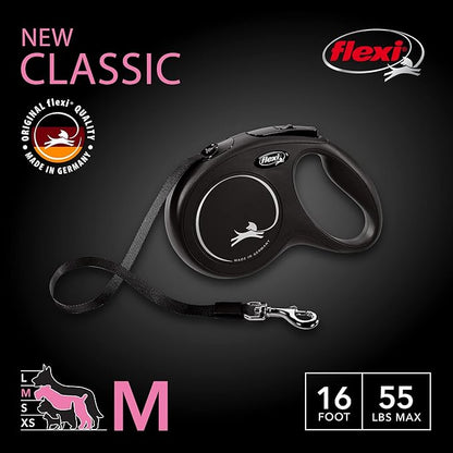 FLEXI New Classic Tape Retractable Dog Leash for Medium Dogs Upto 55 lbs. – 16 ft., Black | Tangle Free Pet Walking Leash with One-Handed Brake, Pause, Lock|German Quality Product