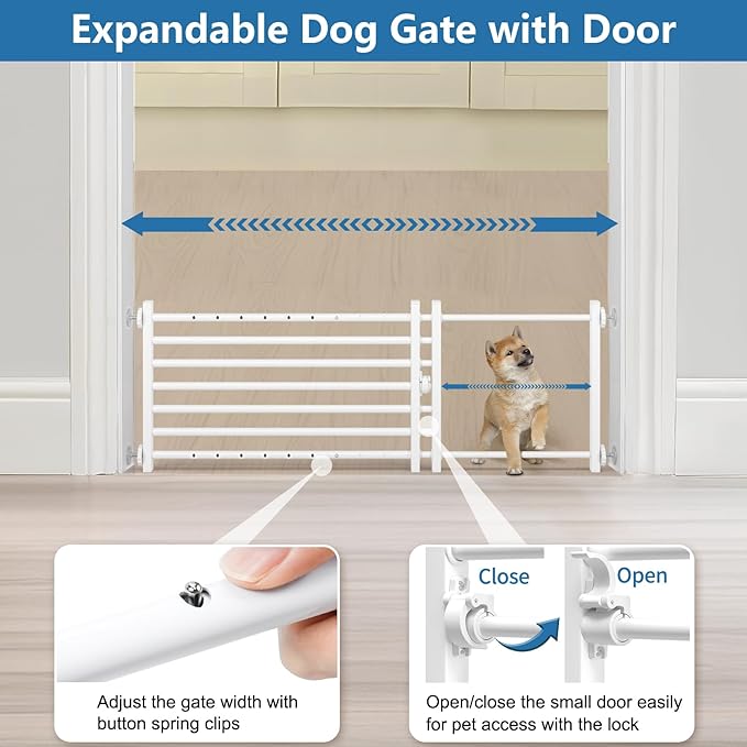 Malier Indoor Dog Gate with Door, 26-41" Extra Wide Full Metal Pet Gate Short Dog Gate for Stairs, Pressure Mount 14'' Tall Small Puppy Low Gate Easy Step Over for Doorways