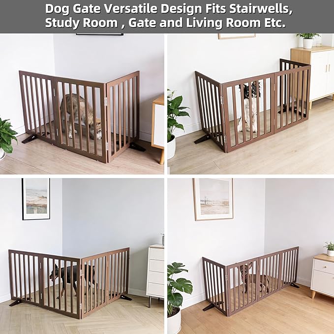 Dog Gate Indoor, Freestanding Dog Fence for The House, Doorways, Hallways,or Stairs,Pet Gate Foldable Wooden,Expandable 32" Height 3 Panels,Brown