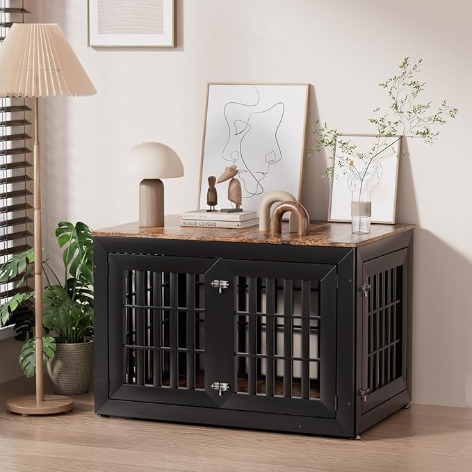 Snuowu 42" Heavy Duty Dog Crate Furniture for Small,Medium and Large Dogs,Rustic Wooden Dog Cage Kennel Indoor Furniture with Waterproof Top,Decorative Pet House Side End Table (Black & Wood)