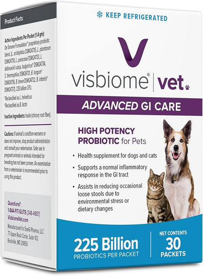 Visbiome® Vet Advanced GI Care High Potency Probiotic for Dogs & Cats – 225B CFU, 8-Strain Formula – Refrigerated, Veterinarian Recommended, Clean Label Certified – 30 Packets